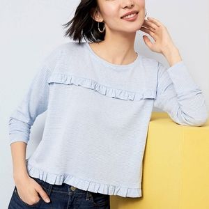 Loft Women's Stripe Cropped Ruffle Tee, Relaxed Fit. Baby Blue,  Size L.
